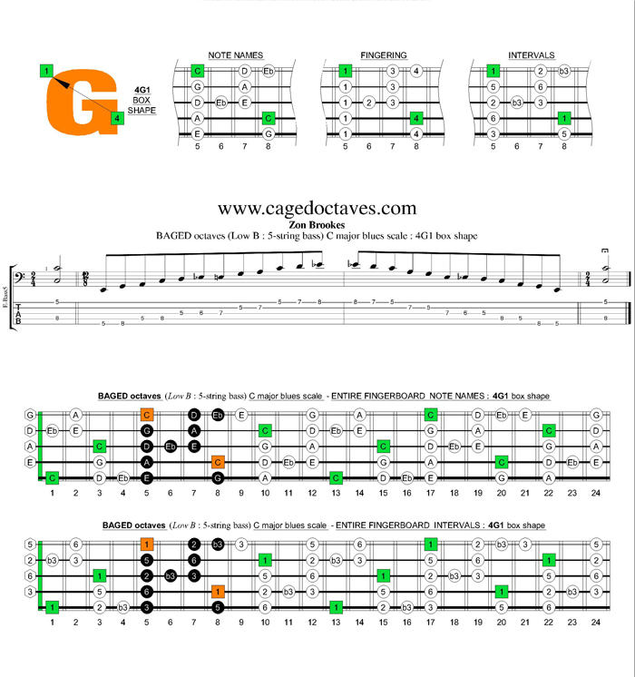 BAGED octaves (5-string bass : Low B) C major blues scale : 4G1 box shape