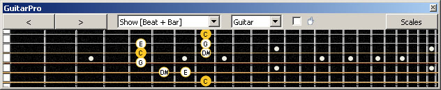 GuitarPro6 (6-string guitar : Standard tuning) C major-minor arpeggio : 6G3G1 box shape