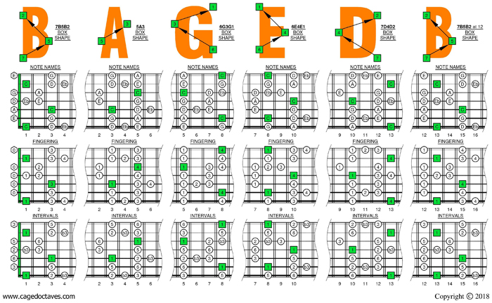 C major blues scale (7-string guitar: Low B tuning) box shapes