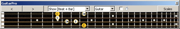 GuitarPro6 (4-string bass : Low E) C major-minor arpeggio : 4G1 box shape