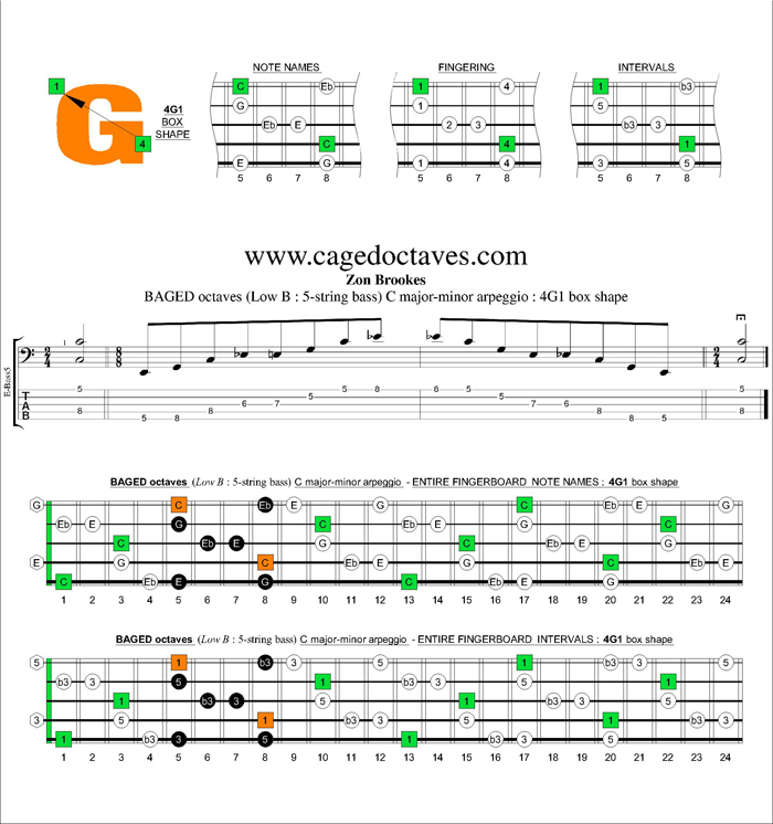 BAGED octaves (5-string bass : Low B) C major-minor arpeggio : 4G1 box shape