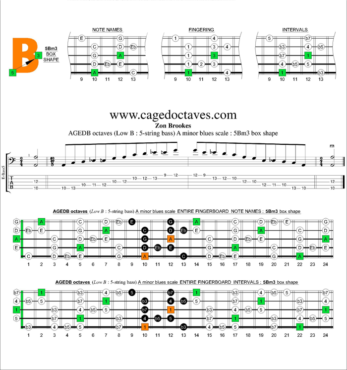 AGEDB octaves A minor blues scale : 5Bm3 box shape