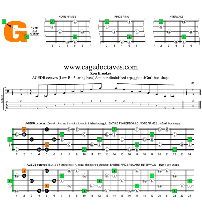 AGEDB octaves A minor-diminished arpeggio : 4Gm1 box shape