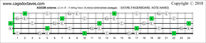 AGEDB octaves fingerboard A minor-diminished arpeggio note names