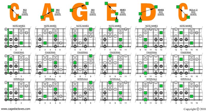 CAGED octaves C major blues scale box shapes