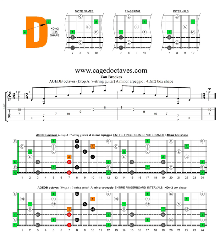 AGEDB octaves (7-string guitar: Drop A) A minor arpeggio : 4Dm2 box shape