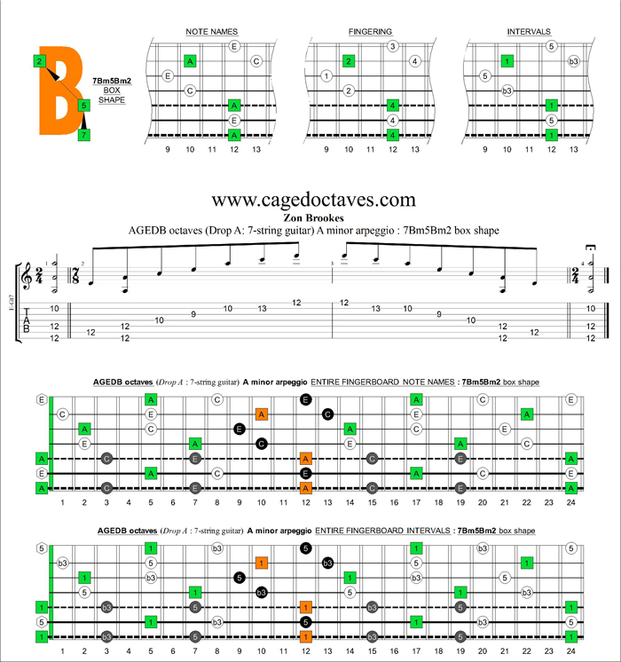 AGEDB octaves (7-string guitar: Drop A) A minor arpeggio : 7Bm5Bm2 box shape
