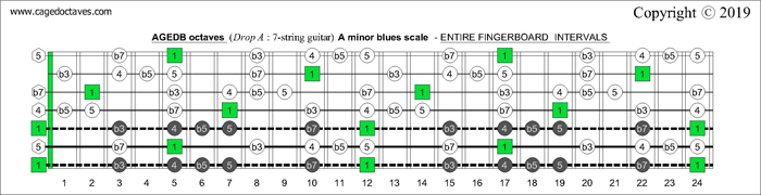 AGEDB octaves Drop A: 7-string guitar fingerboard A minor blues scale - intervals