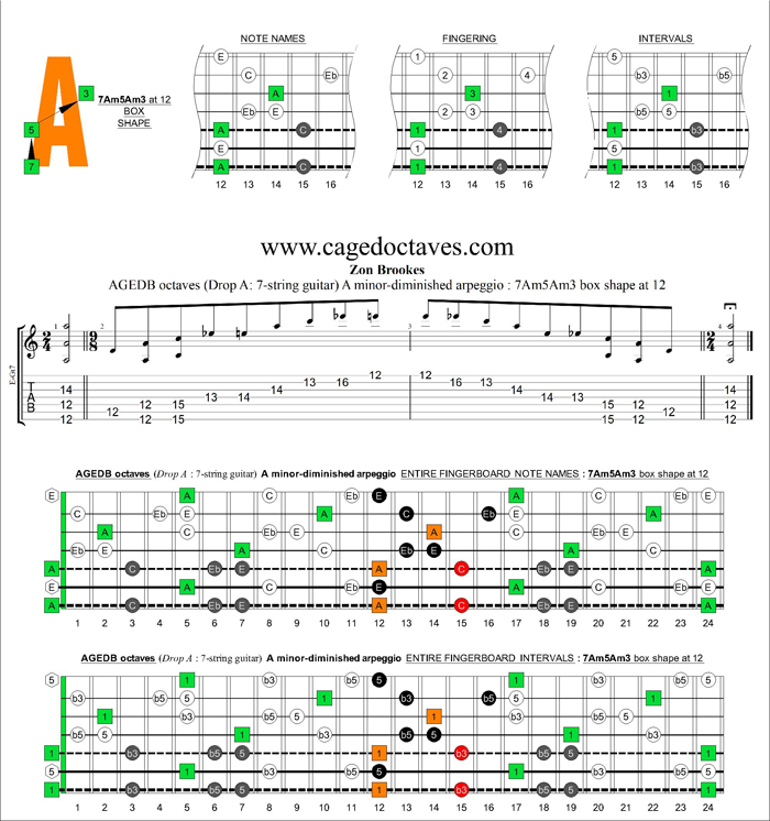 AGEDB octaves (7-string guitar: Drop A) A minor-diminished arpeggio : 7Am5Am3 box shape at 12