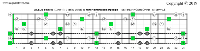 AGEDB octaves Drop A: 7-string guitar fingerboard A minor-diminished arpeggio - intervals