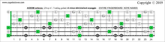 AGEDB octaves Drop A: 7-string guitar fingerboard A minor-diminished arpeggio - notes