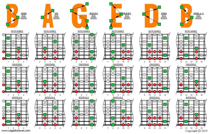 C major blues scale (8-string guitar: Drop E) box shapes