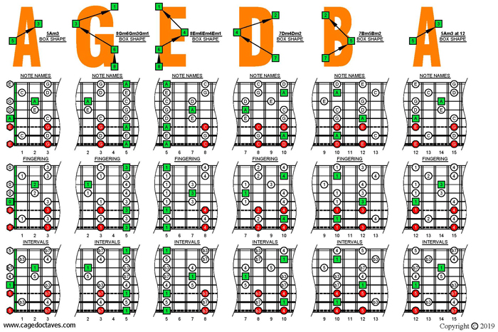 A pentatonic minor scale(8-string guitar: Drop E) box shapes