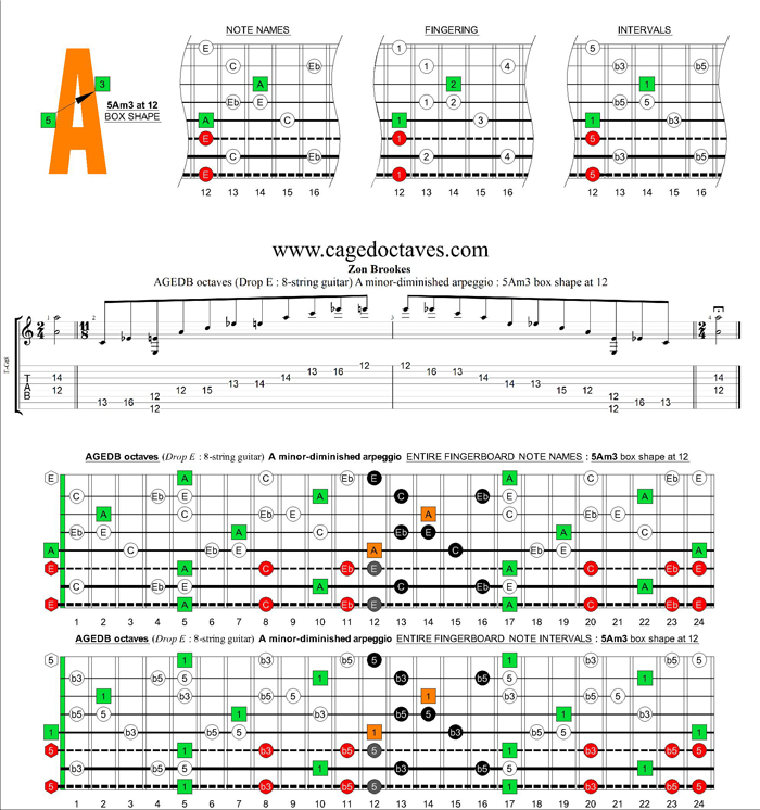 AGEDC octaves (8-string guitar : Drop E) A minor-diminished arpeggio : 5Am3 box shape at 12