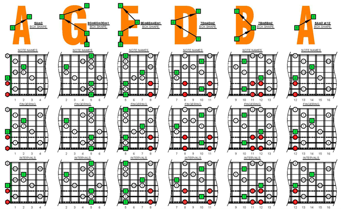 A minor-diminished arpeggio(8-string guitar: Drop E) box shapes