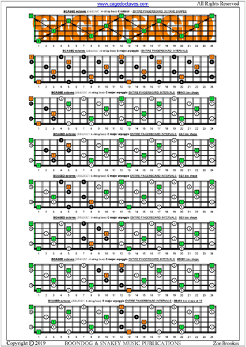BCAGED octaves (Low B - BEADGC : 6-string bass) C major arpeggio box shapes : entire fretboard intervals