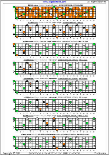 BCAGED octaves (Low B - BEADGC : 6-string bass) C major arpeggio box shapes : entire fretboard intervals