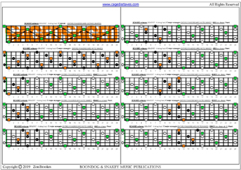 BCAGED octaves (Low B - BEADGC : 6-string bass) C major arpeggio (3nps) box shapes : fretboard notes