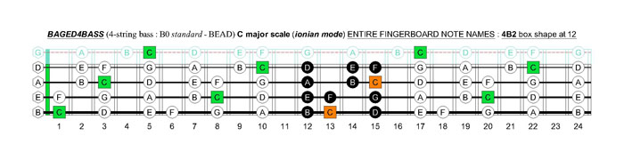 BAGED4BASS (4-string bass : B0 standard - BEAD) C major scale (ionian mode): 4B2 box shape at 12