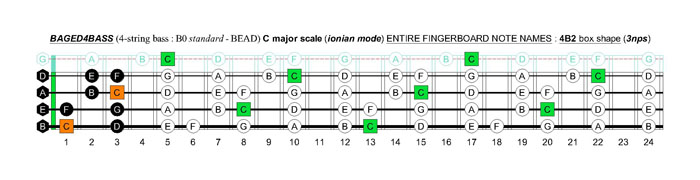 BAGED4BASS (4-string bass : B0 standard - BEAD) C major scale (ionian mode): 4B2 box shape (3nps)
