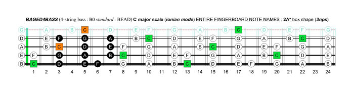 BAGED4BASS (4-string bass : B0 standard - BEAD) C major scale (ionian mode): 2A* box shape (3nps)