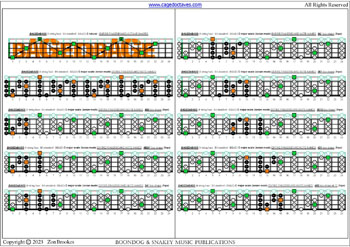 BAGED4BASS (4-string bass : B0 standard - BEAD) C major scale (ionian mode) box shapes : fretboard notes