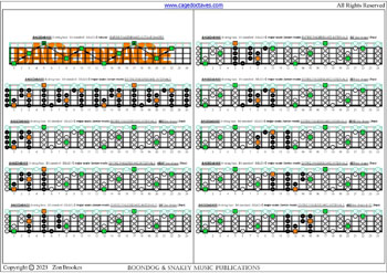 BAGED4BASS (4-string bass : B0 standard - BEAD) C major scale (ionian mode) box shapes : fretboard intervals