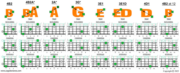 BAGED4BASS (4-string bass : B0 standard - BEAD) C major arpeggio box shapes (3nps)