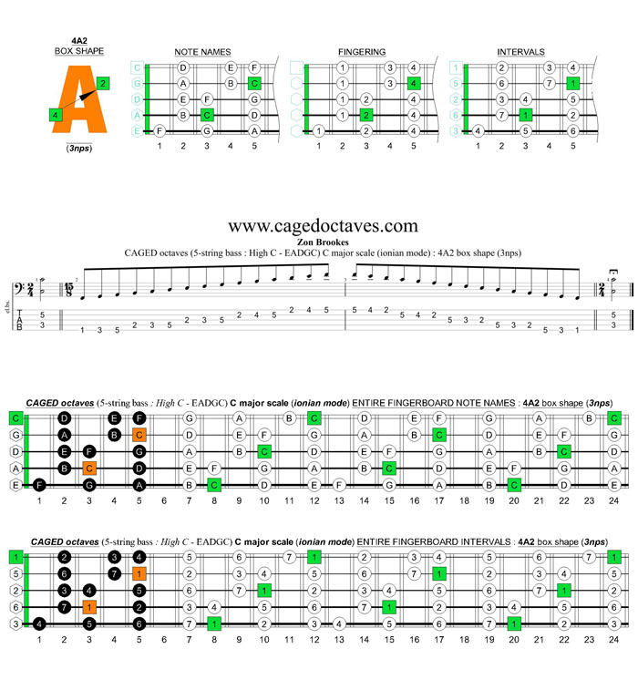 5-string bass (High C - EADGC) C major scale (ionian mode): 4A2 box shape (3nps)