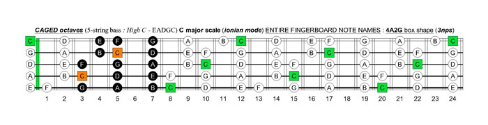 5-string bass (High C - EADGC) C major scale (ionian mode): 4A2G box shape (3nps)