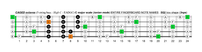 5-string bass (High C - EADGC) C major scale (ionian mode): 5G2 box shape (3nps)