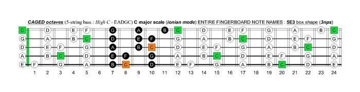 5-string bass (High C - EADGC) C major scale (ionian mode): 5E3 box shape (3nps)