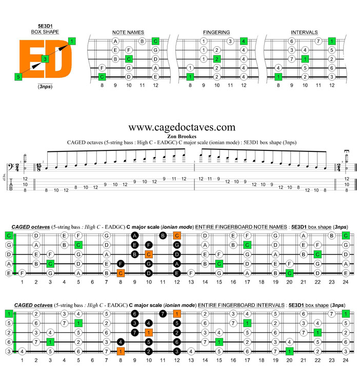5-string bass (High C - EADGC) C major scale (ionian mode): 5E3D1 box shape (3nps)