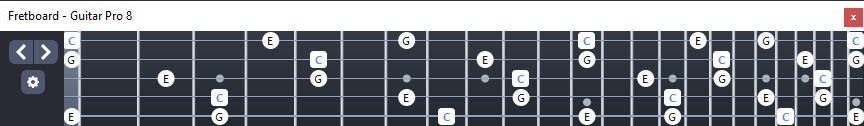GuitarPro8: 5-String Bass (High C - EADGC): C major arpeggio fingerboard