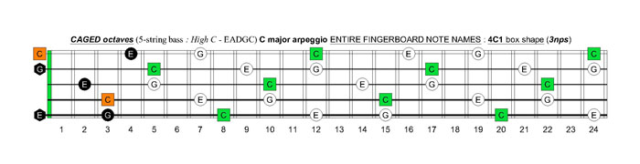 5-string bass (High C - EADGC) C major arpeggio: 4C1 box shape (3nps)