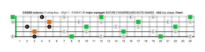 5-string bass (High C - EADGC) C major arpeggio: 4A2 box shape (3nps)