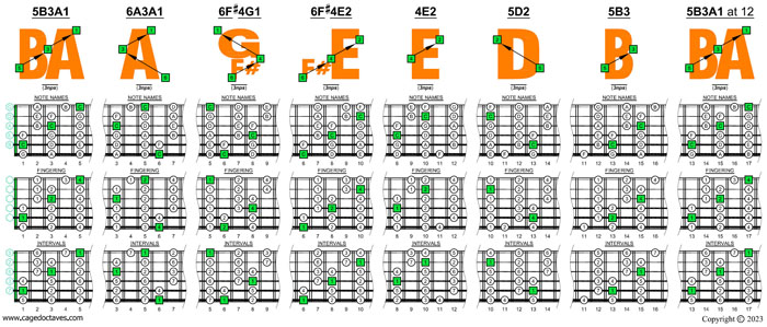 BAF#GED octaves 6-string bass (F#0 standard - F#BEADG) C major scale (ionian mode) box shapes