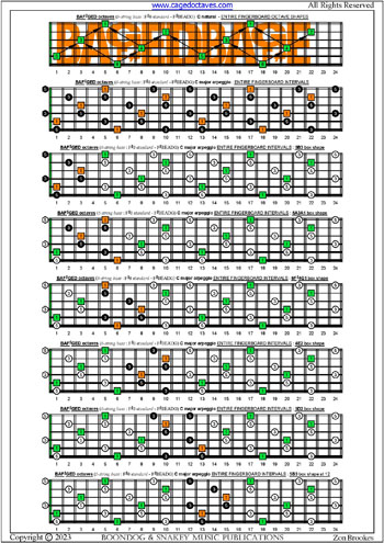 BAF#GED octaves 6-string bass (F#0 standard - F#BEADG) C major arpeggio box shapes : entire fretboard intervals