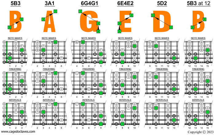BAGED octaves 6-string bass (Drop E0 standard - EBEADG) C major scale (ionian mode) box shapes