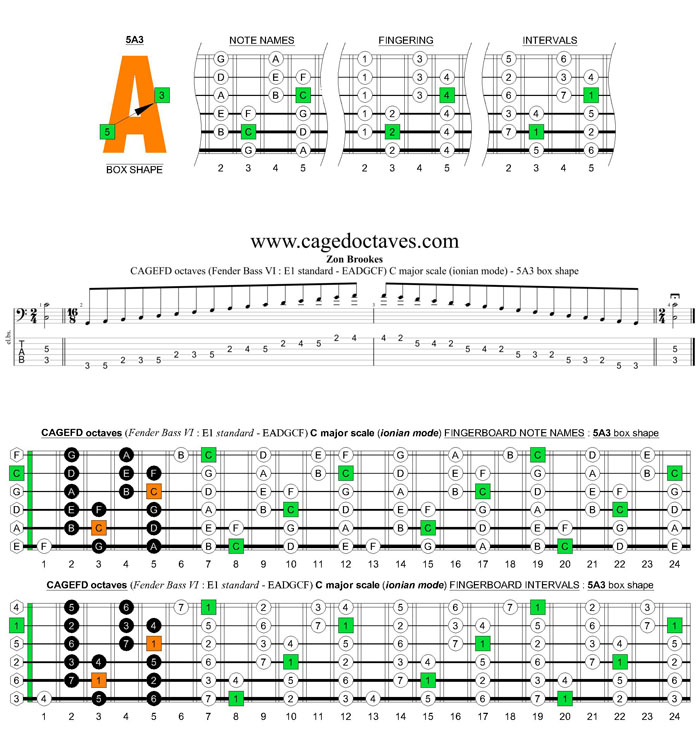 CAGEFD octaves Fender Bass VI (E1 standard - EADGCF) C major scale (ionian mode) : 5A3 box shape