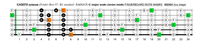 CAGEFD octaves Fender Bass VI (E1 standard - EADGCF) C major scale (ionian mode) : 6G3G1 box shape