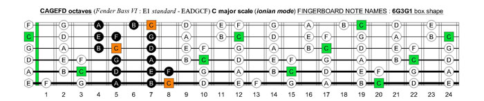 CAGEFD octaves Fender Bass VI (E1 standard - EADGCF) C major scale (ionian mode) : 6G3G1 box shape