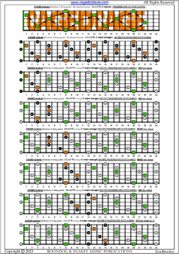 CAGED octaves (Baritone 6-string guitar : B1 standard tuning - BEADF#B) C major arpeggio box shapes : entire fretboard notes