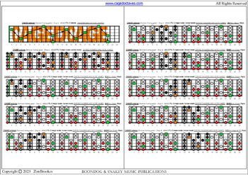 CAGED octaves (Baritone 6-string guitar : Drop A - AEADF#B) C major scale (ionian mode) box shapes (3nps) : entire fretboard notes