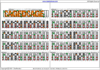 CAGED octaves (Baritone 6-string guitar : Drop A - AEADF#B) C major scale (ionian mode) box shapes (3nps) : entire fretboard intervals