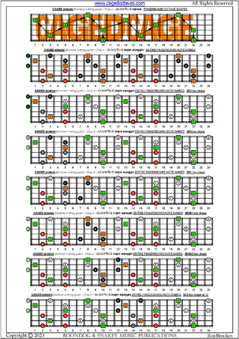 CAGED octaves (Baritone 6-string guitar : Drop A - AEADF#B) C major arpeggio box shapes : entire fretboard notes