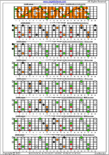 CAGED octaves (Baritone 6-string guitar : Drop A - AEADF#B) C major arpeggio box shapes : entire fretboard intervals