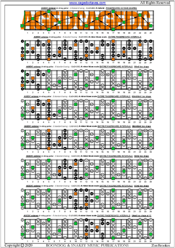 AGEDC octaves A minor blues scale box shapes : entire fretboard intervals