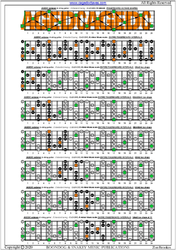 AGEDC octaves A minor blues scale box shapes : entire fretboard intervals