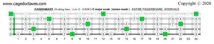 C major scale (ionian mode) : CAGED4BASS fingerboard intervals